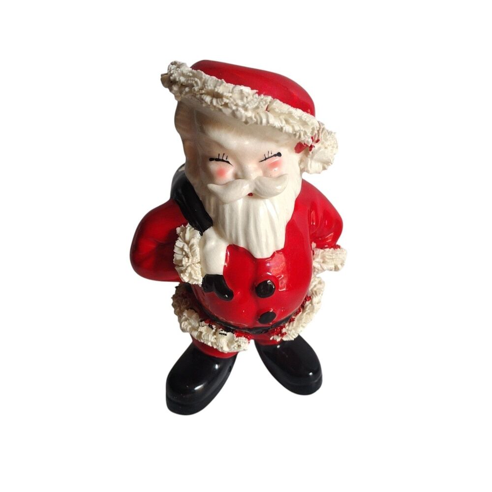 VTG 1950s Napco Winking Santa Planter Spaghetti Trim Kitschmas Japan Foil Label